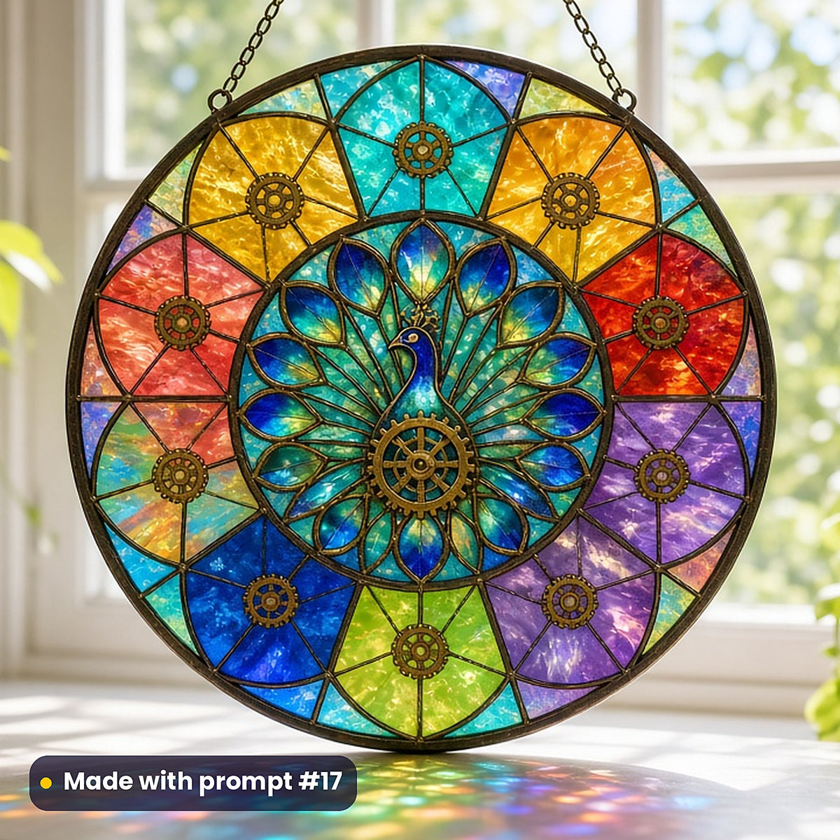 Clockwork Animals stained glass prompt pack: UV-printed acrylic suncatcher in a window mockup, made with prompt #17