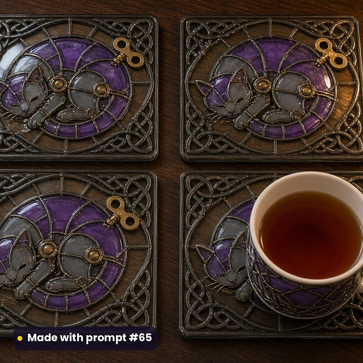 Clockwork Animals stained glass prompt pack: set of UV-printed glass coasters mockup, made with prompt #65