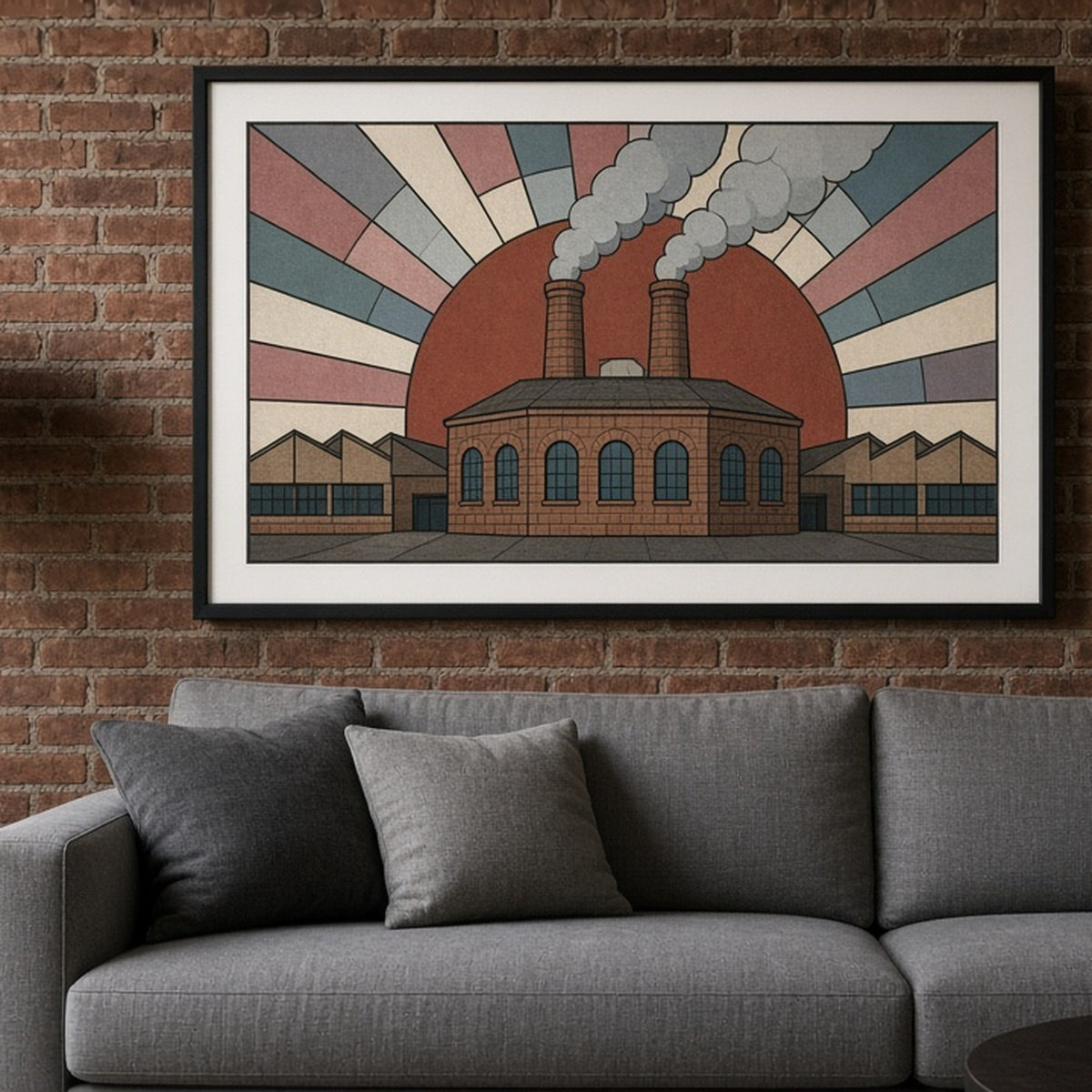 Industrial skyline with a squat brick mill, two chimneys and sawtooth warehouses under a sunburst sky in Art Deco stained-glass style shown as a flat framed print in a loft living room, made with prompt #9