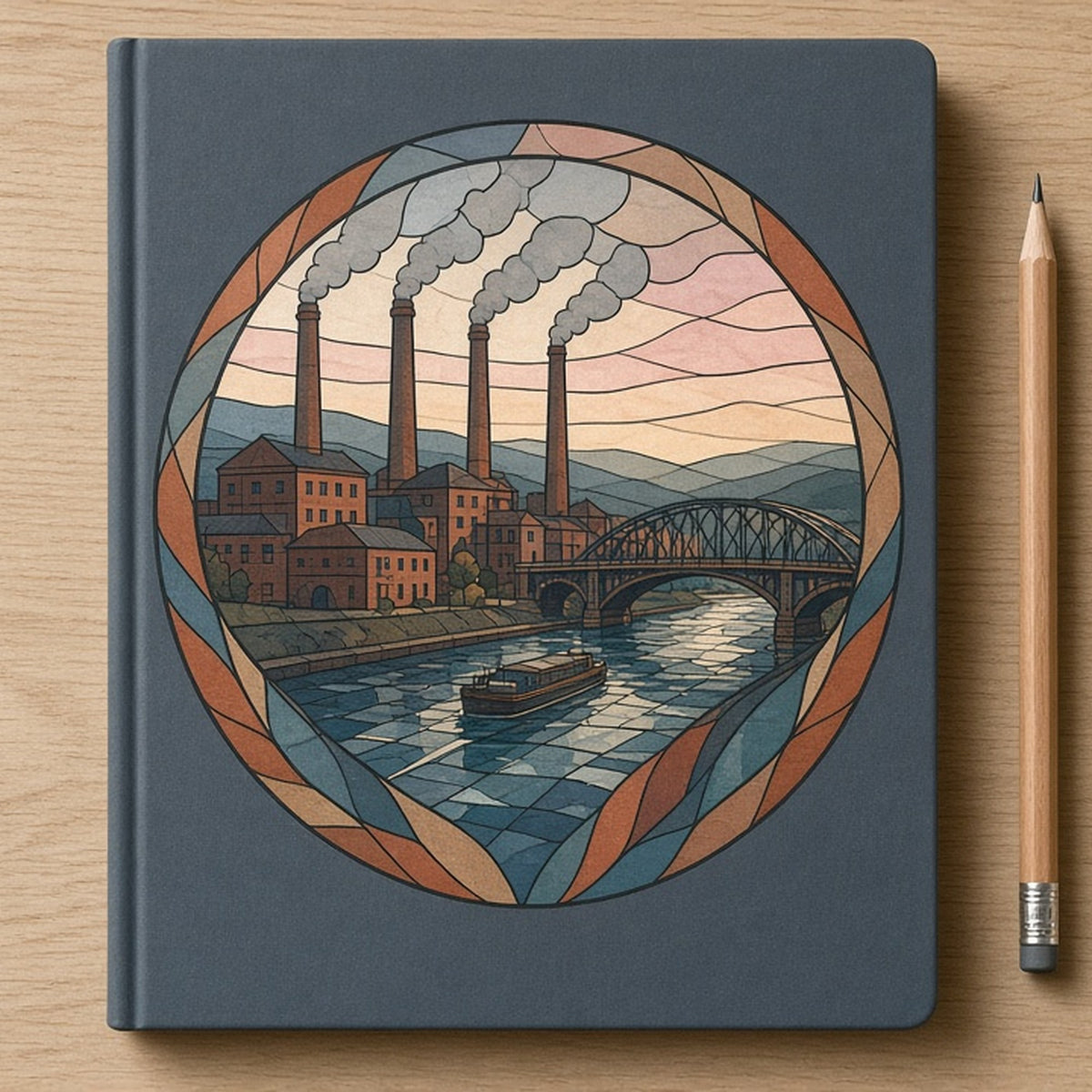 Rose-window scene of a mill town with chimneys, canal barge and iron bridge printed flat on a notebook cover, made with prompt #47