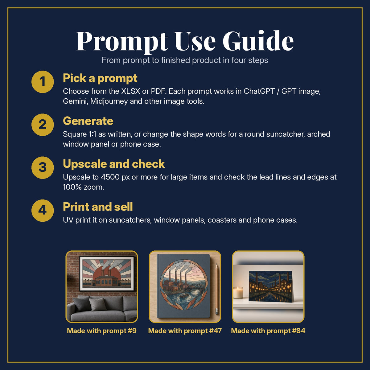 Prompt Use Guide for the Industrial Skylines Stained Glass Prompt Pack: pick a prompt, generate, upscale and check, print and sell, with sample products made with the pack's prompts