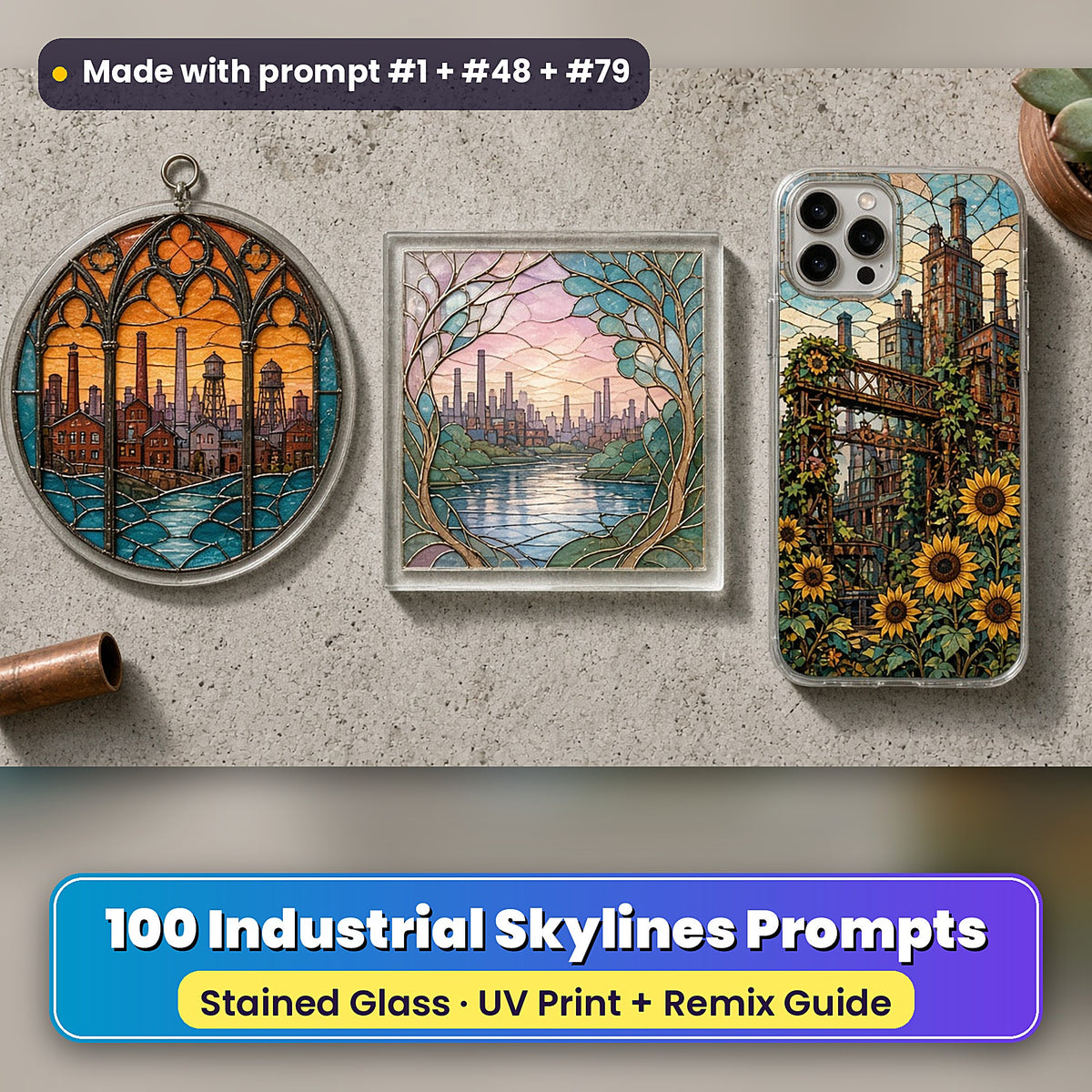 Industrial Skylines stained glass prompt pack: UV-printed suncatcher, coaster and phone case set mockup, made with prompt #1 + #48 + #79