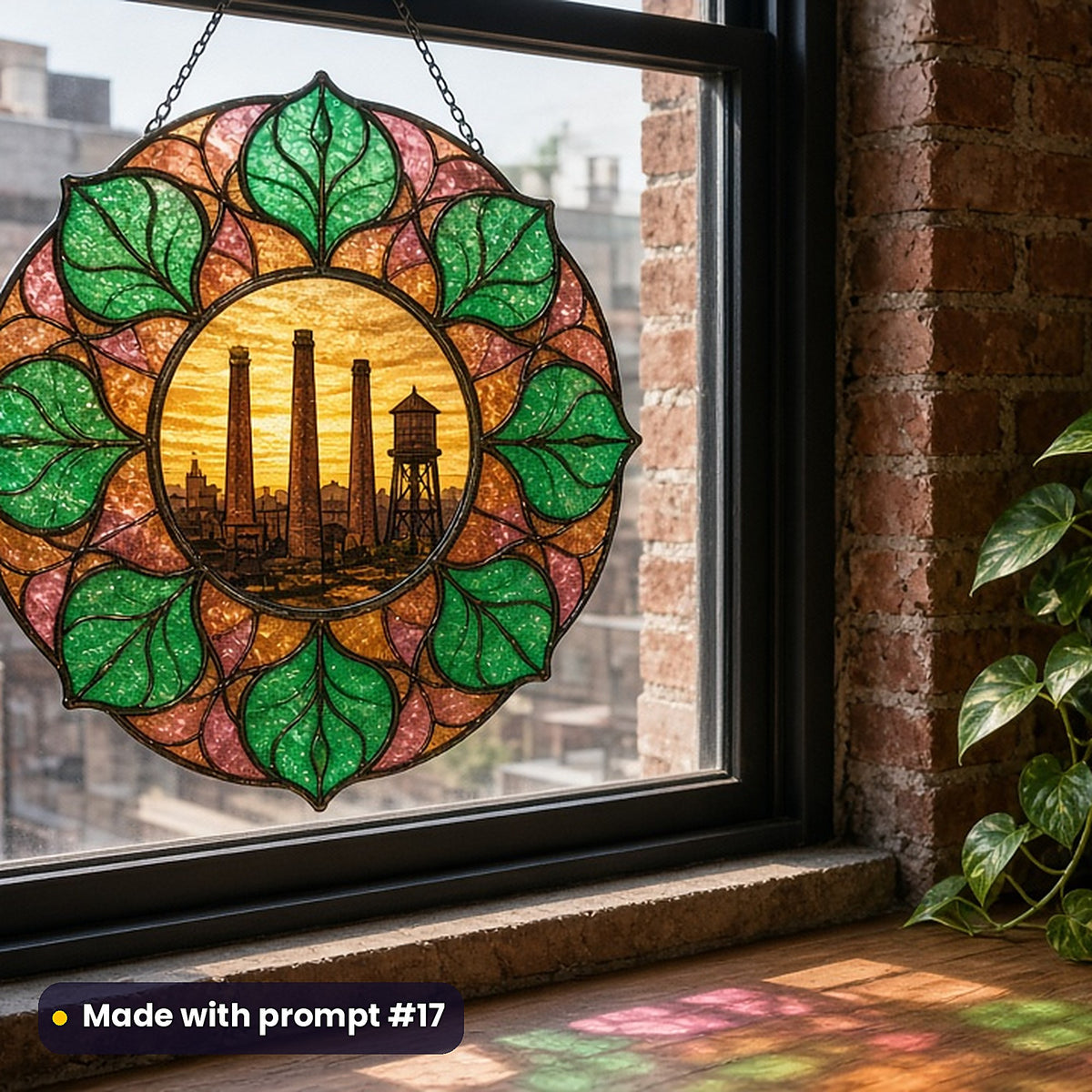 Industrial Skylines stained glass prompt pack: UV-printed acrylic suncatcher in a window mockup, made with prompt #17