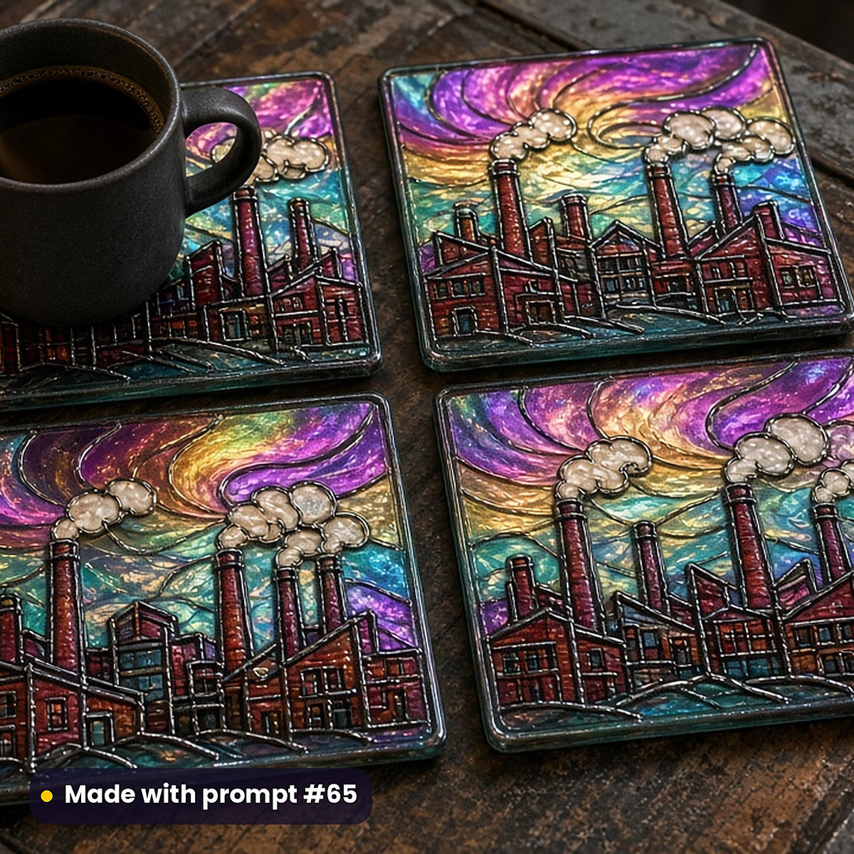 Industrial Skylines stained glass prompt pack: set of UV-printed glass coasters mockup, made with prompt #65