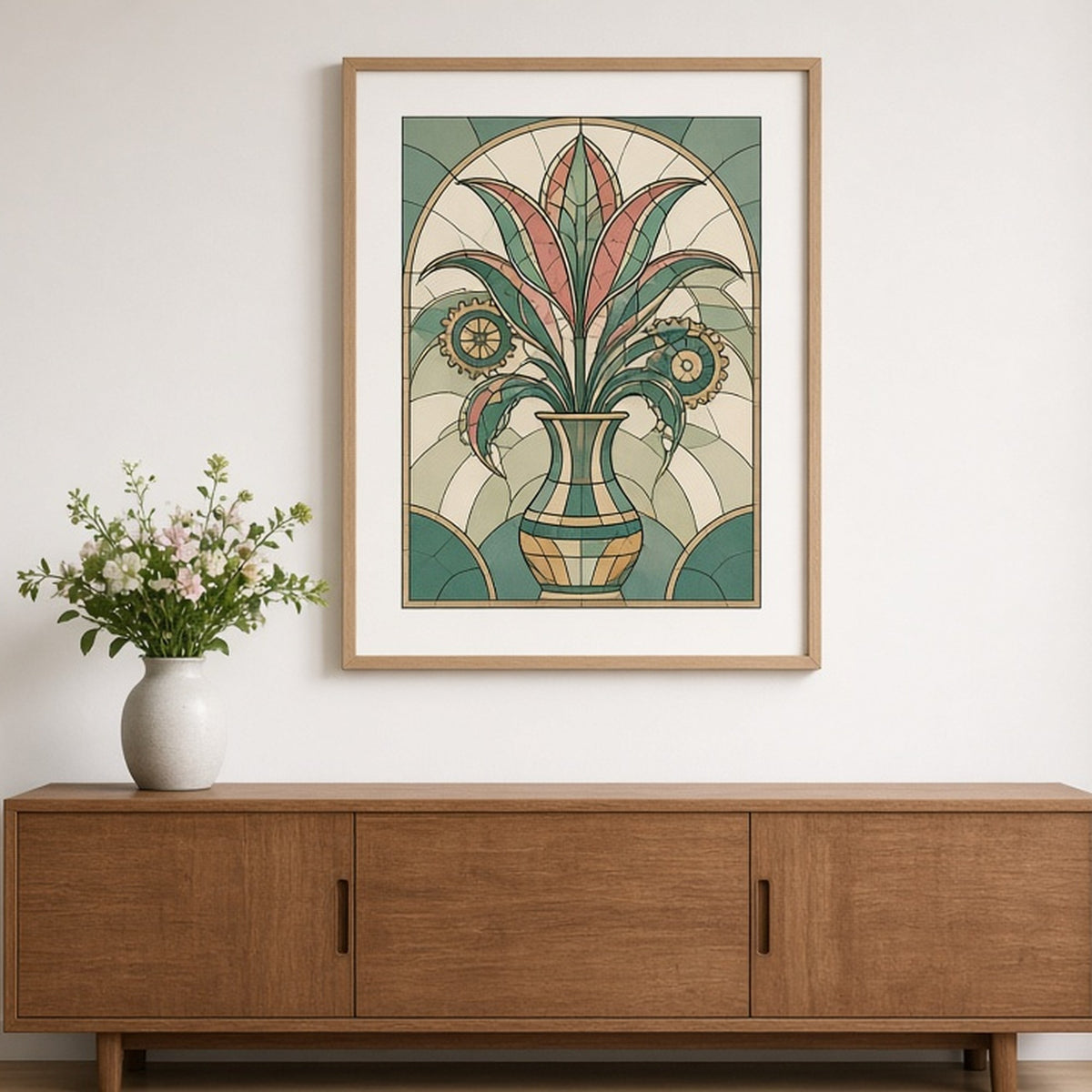 Mechanical lily with gear-shaped blooms in a vase in Art Deco stained-glass style shown as a flat framed print in a dining room, made with prompt #9