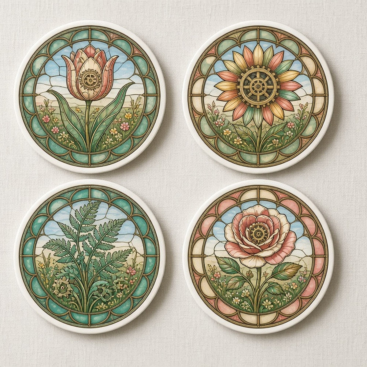 Rose-window scenes of a clockwork tulip, gear sunflower, mechanical fern and clockwork rose printed flat on a set of four coasters, made with prompt #47