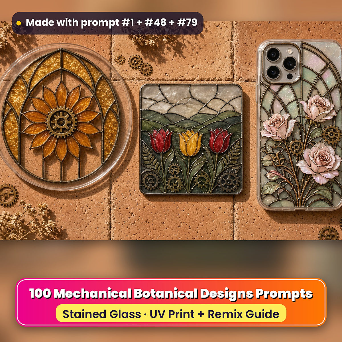 Mechanical Botanical Designs stained glass prompt pack: UV-printed suncatcher, coaster and phone case set mockup, made with prompt #1 + #48 + #79