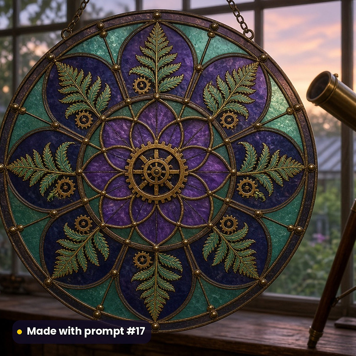Mechanical Botanical Designs stained glass prompt pack: UV-printed acrylic suncatcher in a window mockup, made with prompt #17