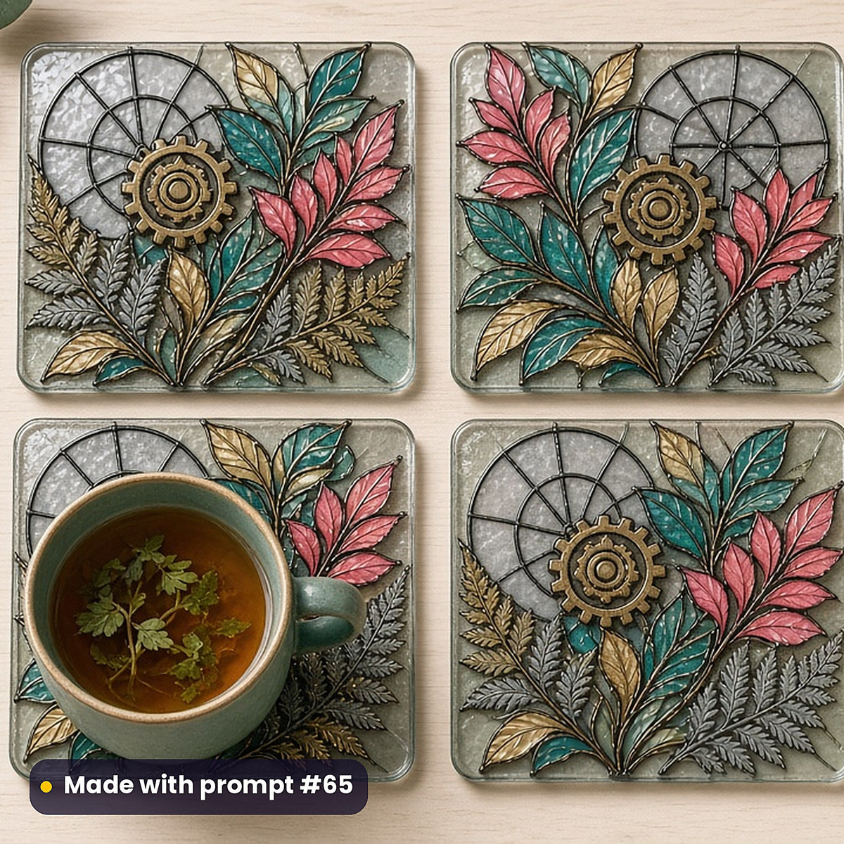 Mechanical Botanical Designs stained glass prompt pack: set of UV-printed glass coasters mockup, made with prompt #65
