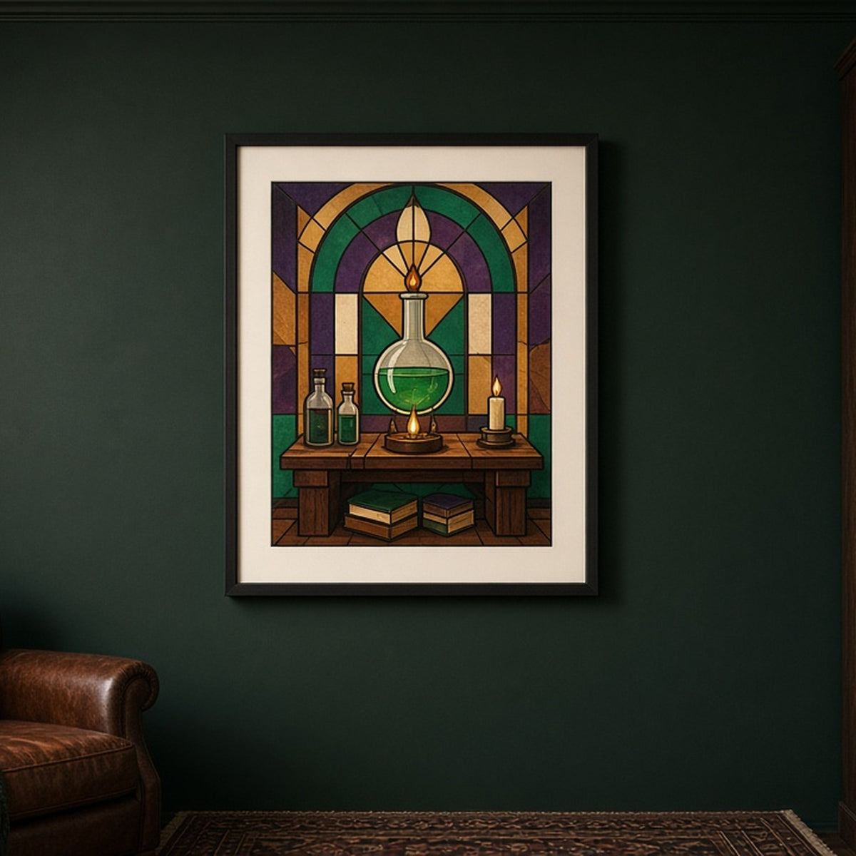 Alchemist's workbench with a glowing green flask and candles in Art Deco stained-glass style shown as a flat framed print in a home library, made with prompt #9