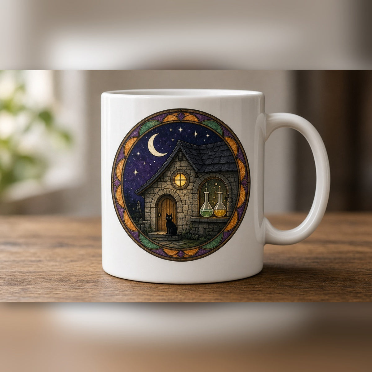Rose-window scene of an alchemist's stone cottage with a cat and glowing flasks under a crescent moon printed flat on a mug, made with prompt #47