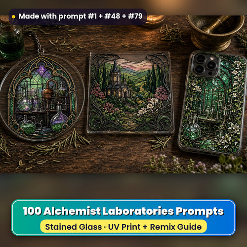 Alchemist Laboratories stained glass prompt pack: UV-printed suncatcher, coaster and phone case set mockup, made with prompt #1 + #48 + #79