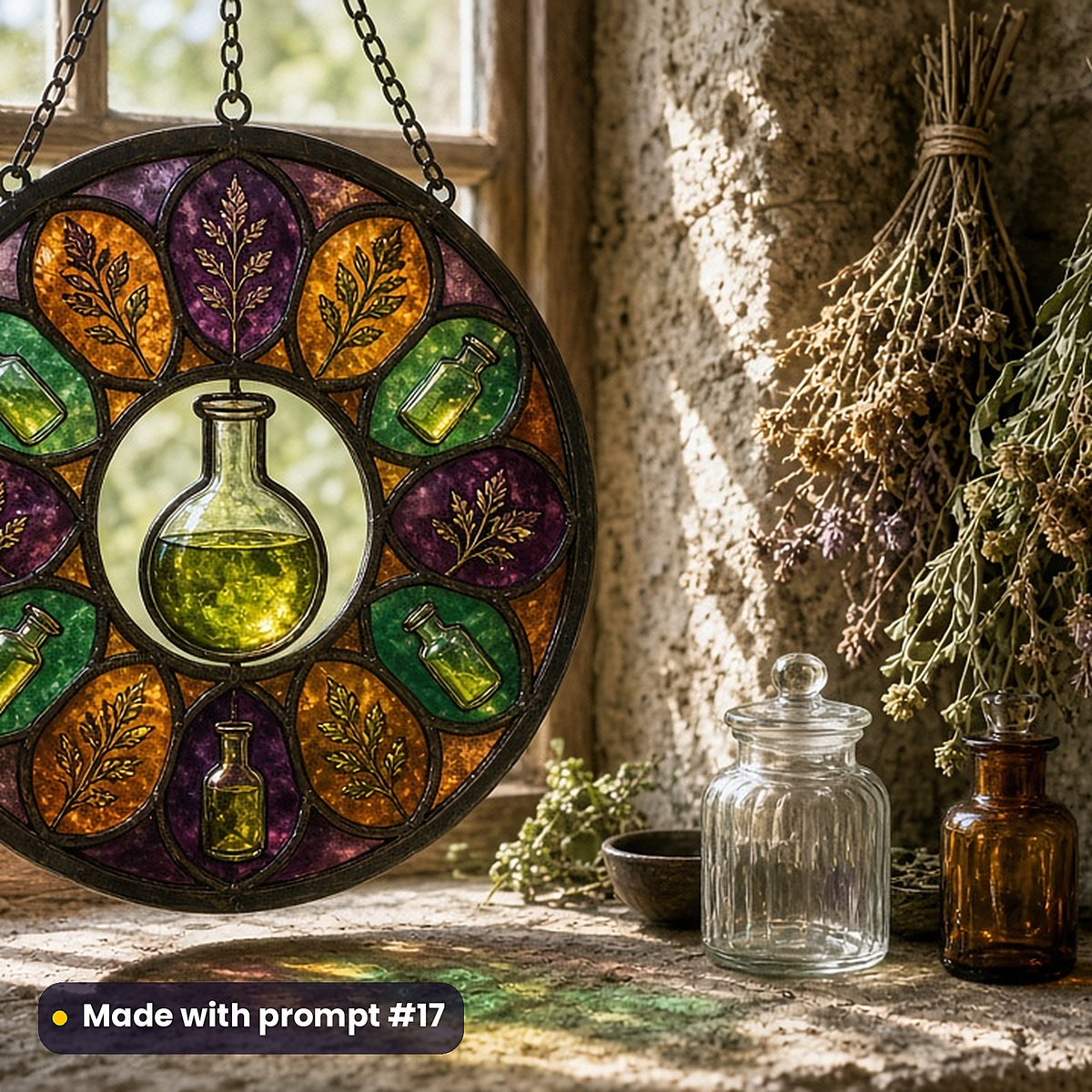 Alchemist Laboratories stained glass prompt pack: UV-printed acrylic suncatcher in a window mockup, made with prompt #17