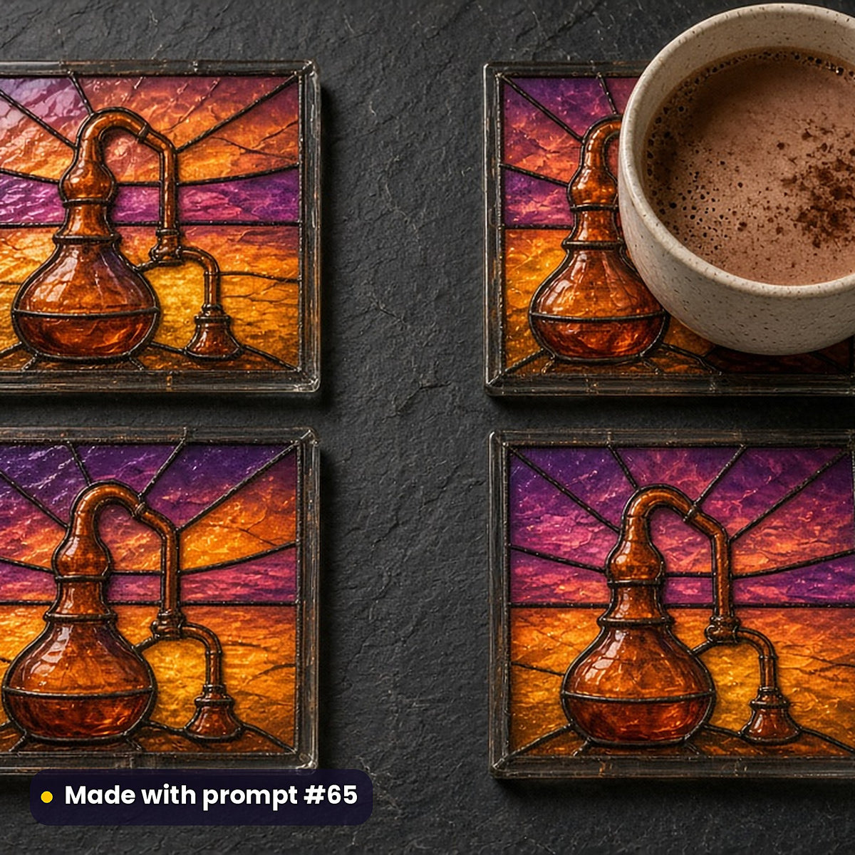 Alchemist Laboratories stained glass prompt pack: set of UV-printed glass coasters mockup, made with prompt #65