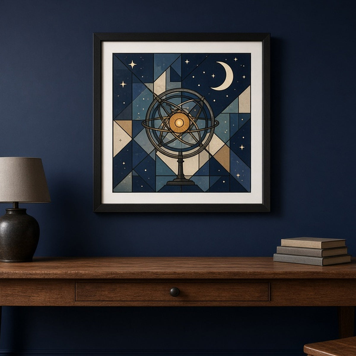 Armillary sphere around a glowing sun under a starry sky in Art Deco stained-glass style shown as a flat framed print in a study, made with prompt #9