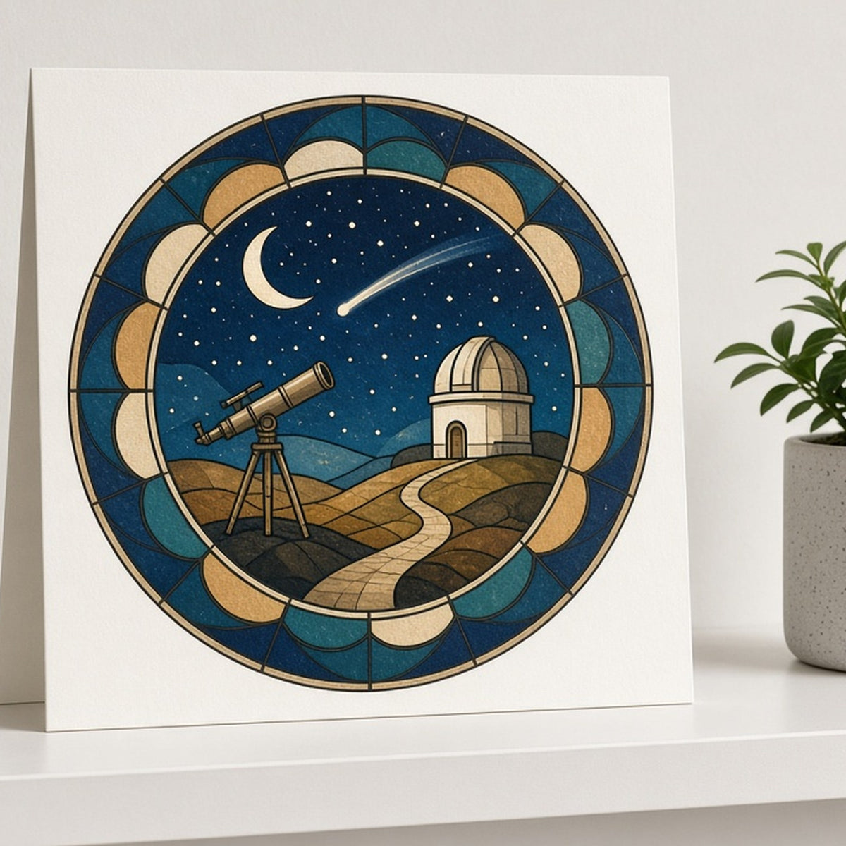 Rose-window hilltop scene with a telescope, small observatory, crescent moon and comet printed flat on a greeting card, made with prompt #47