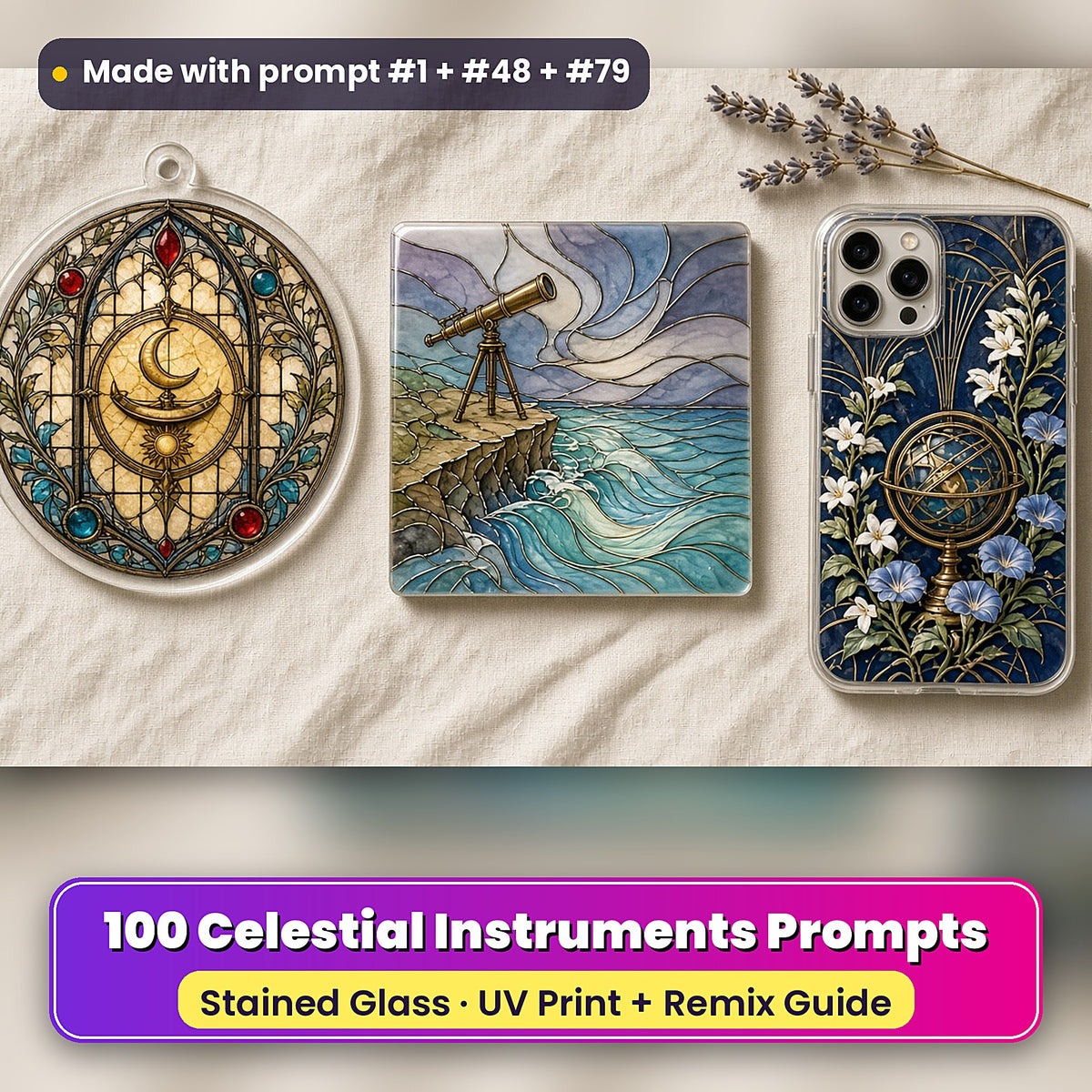 Celestial Instruments stained glass prompt pack: UV-printed suncatcher, coaster and phone case set mockup, made with prompt #1 + #48 + #79
