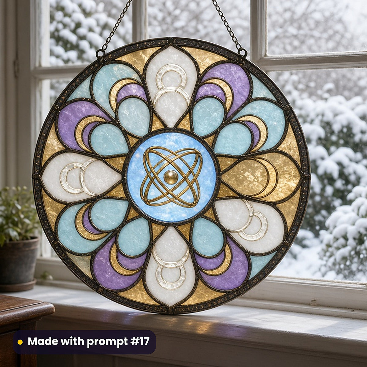 Celestial Instruments stained glass prompt pack: UV-printed acrylic suncatcher in a window mockup, made with prompt #17