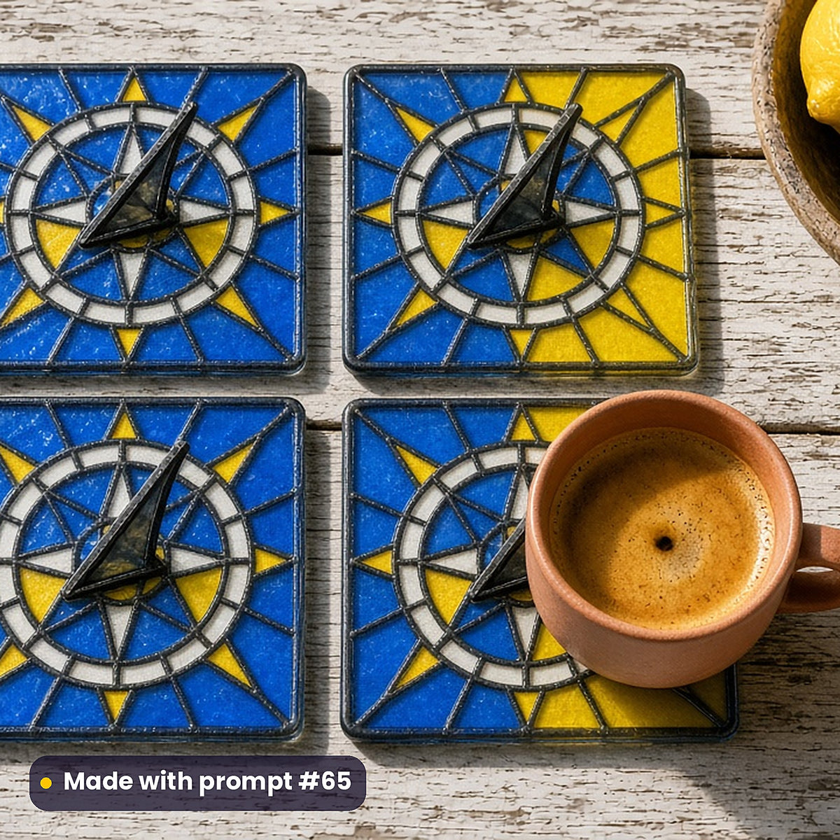 Celestial Instruments stained glass prompt pack: set of UV-printed glass coasters mockup, made with prompt #65