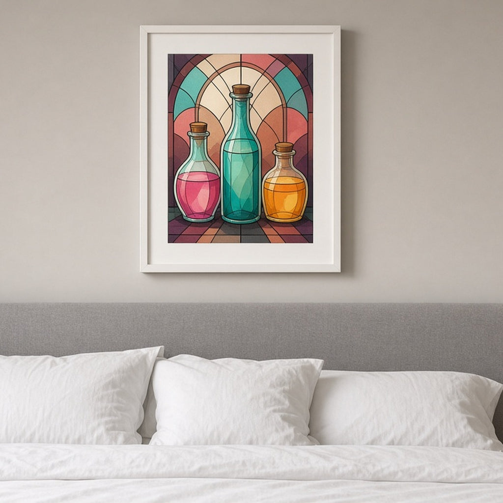 Three glass bottles of glowing turquoise, pink and amber liquid in Art Deco stained-glass style shown as a flat framed print in a bedroom, made with prompt #9