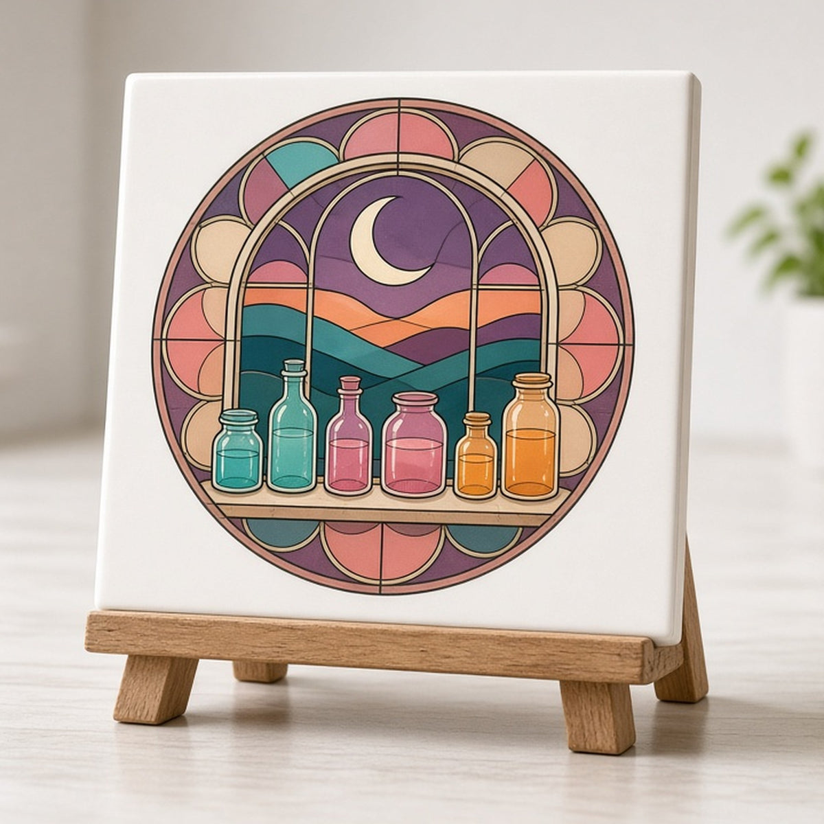 Rose-window scene of glowing glass jars on a twilight windowsill with hills and a crescent moon printed flat on a ceramic tile, made with prompt #47