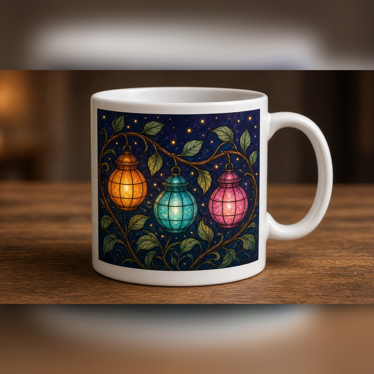 Arts and Crafts stained-glass glowing glass lantern jars on a vine with fireflies printed flat on a mug, made with prompt #84