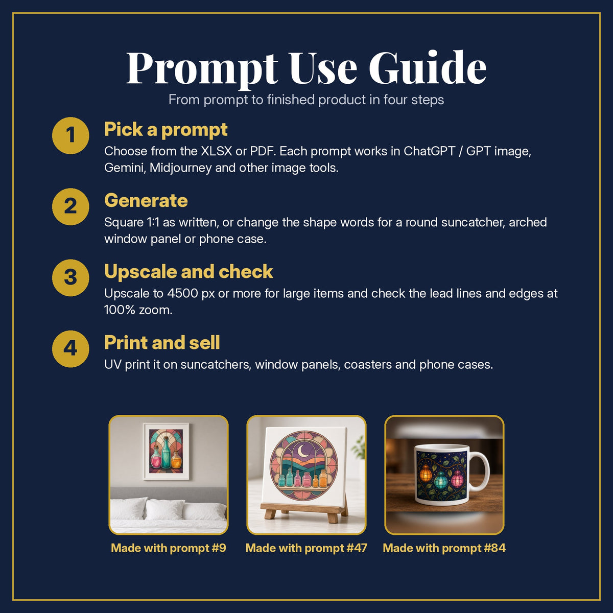 Prompt Use Guide for the Glass Vessels and Glowing Liquids Stained Glass Prompt Pack: pick a prompt, generate, upscale and check, print and sell, with sample products made with the pack's prompts