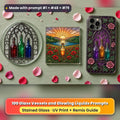Glass Vessels and Glowing Liquids stained glass prompt pack: UV-printed suncatcher, coaster and phone case set mockup, made with prompt #1 + #48 + #79