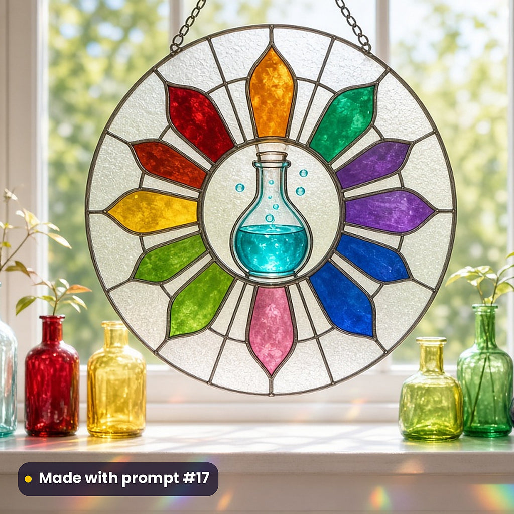 Glass Vessels and Glowing Liquids stained glass prompt pack: UV-printed acrylic suncatcher in a window mockup, made with prompt #17