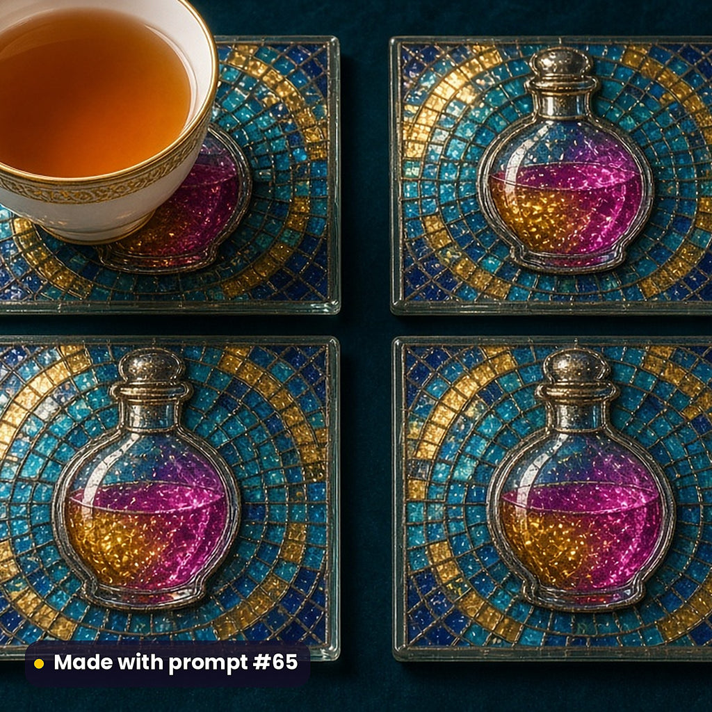 Glass Vessels and Glowing Liquids stained glass prompt pack: set of UV-printed glass coasters mockup, made with prompt #65