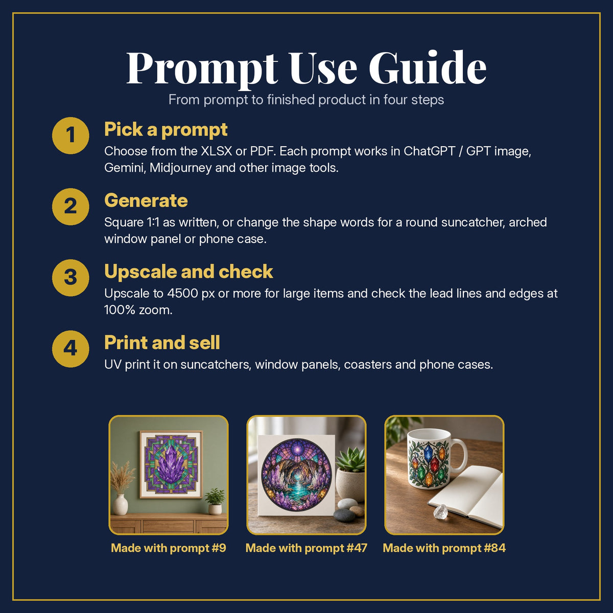 Prompt Use Guide for the Crystals and Minerals Stained Glass Prompt Pack: pick a prompt, generate, upscale and check, print and sell, with sample products made with the pack's prompts