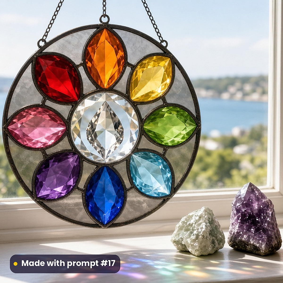 Crystals and Minerals stained glass prompt pack: UV-printed acrylic suncatcher in a window mockup, made with prompt #17