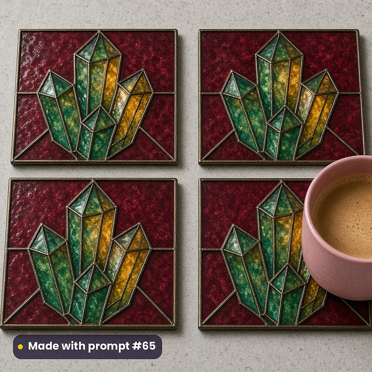 Crystals and Minerals stained glass prompt pack: set of UV-printed glass coasters mockup, made with prompt #65