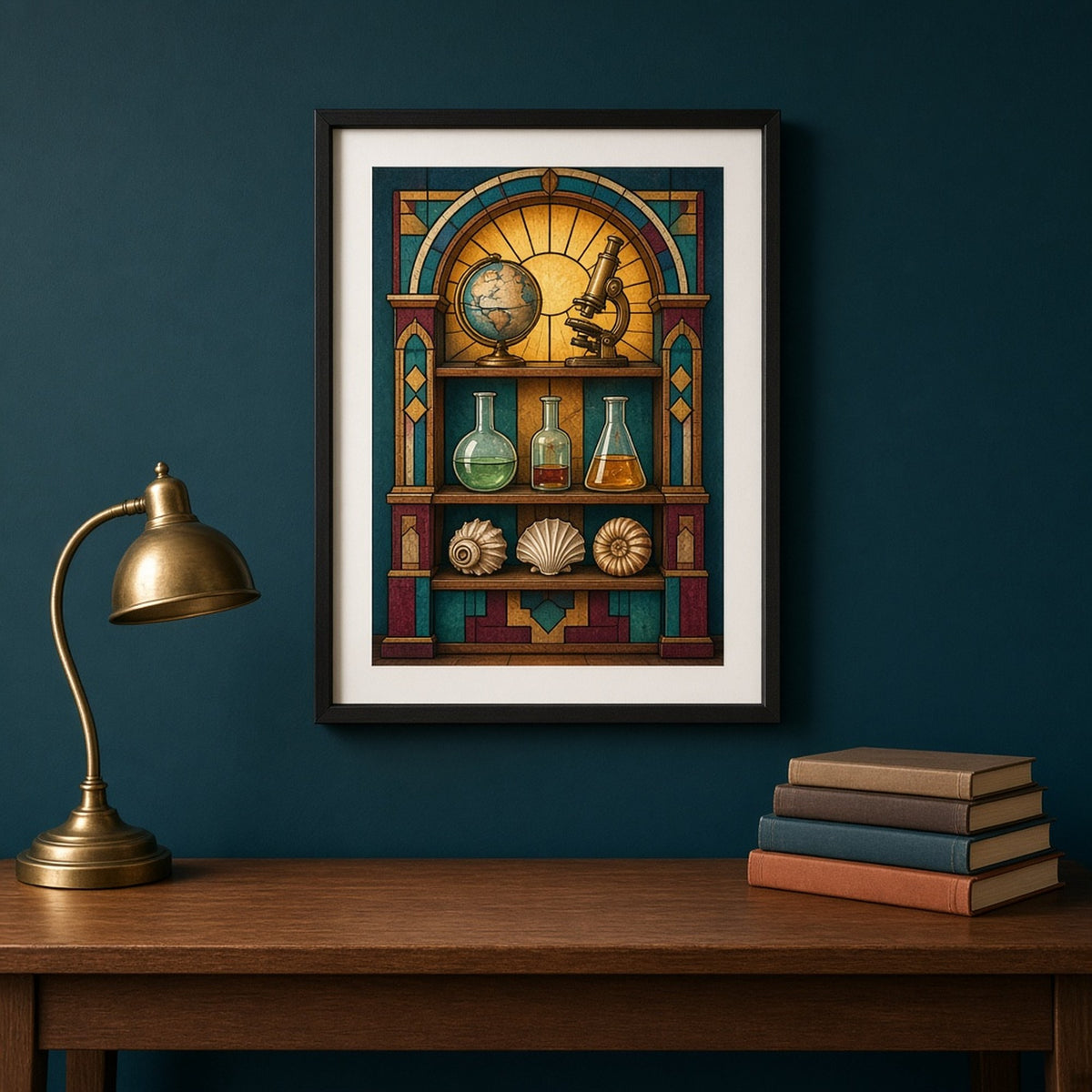 Art Deco stained-glass antique scientific cabinet with a globe, microscope, glass flasks and seashells shown as a flat framed print in a study, made with prompt #9