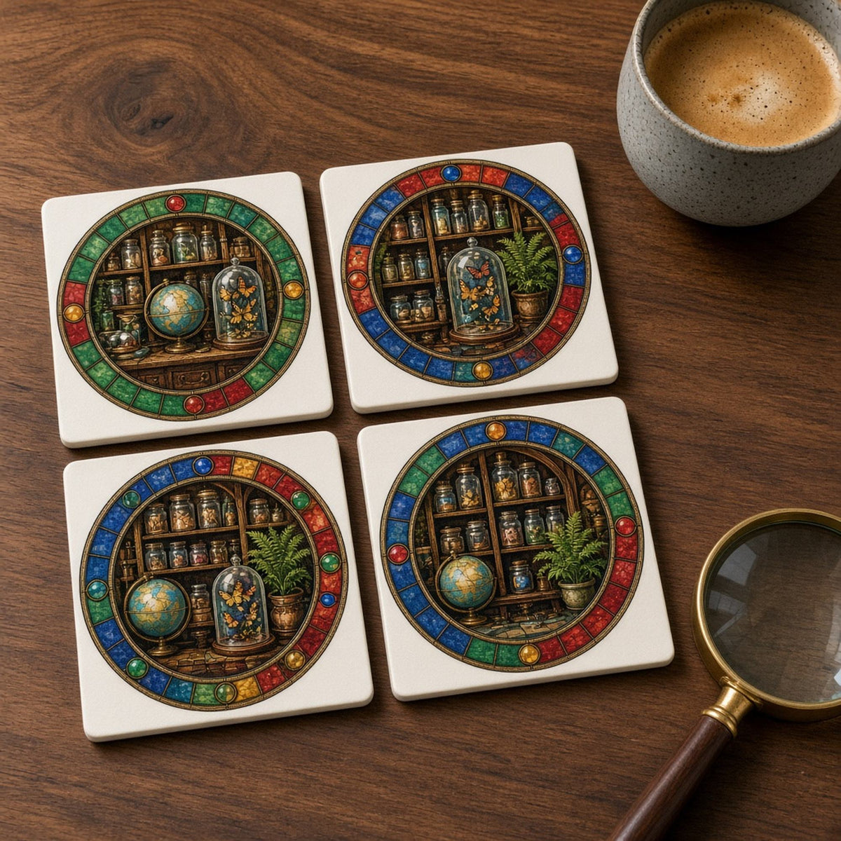 Rose-window stained-glass curiosity cabinets with jars, globes, ferns and butterflies under glass domes printed flat on a set of four coasters, made with prompt #47