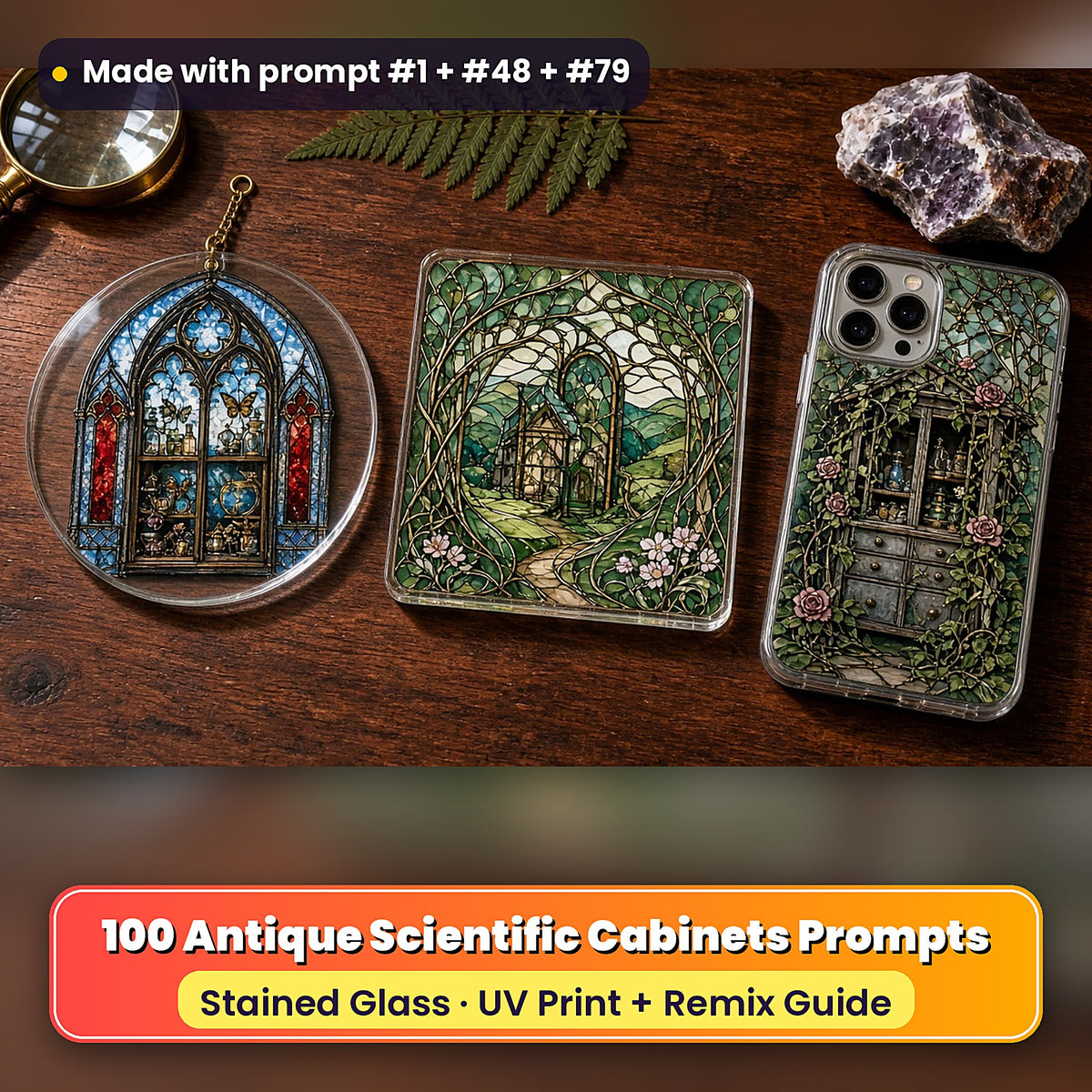 Antique Scientific Cabinets stained glass prompt pack: UV-printed suncatcher, coaster and phone case set mockup, made with prompt #1 + #48 + #79