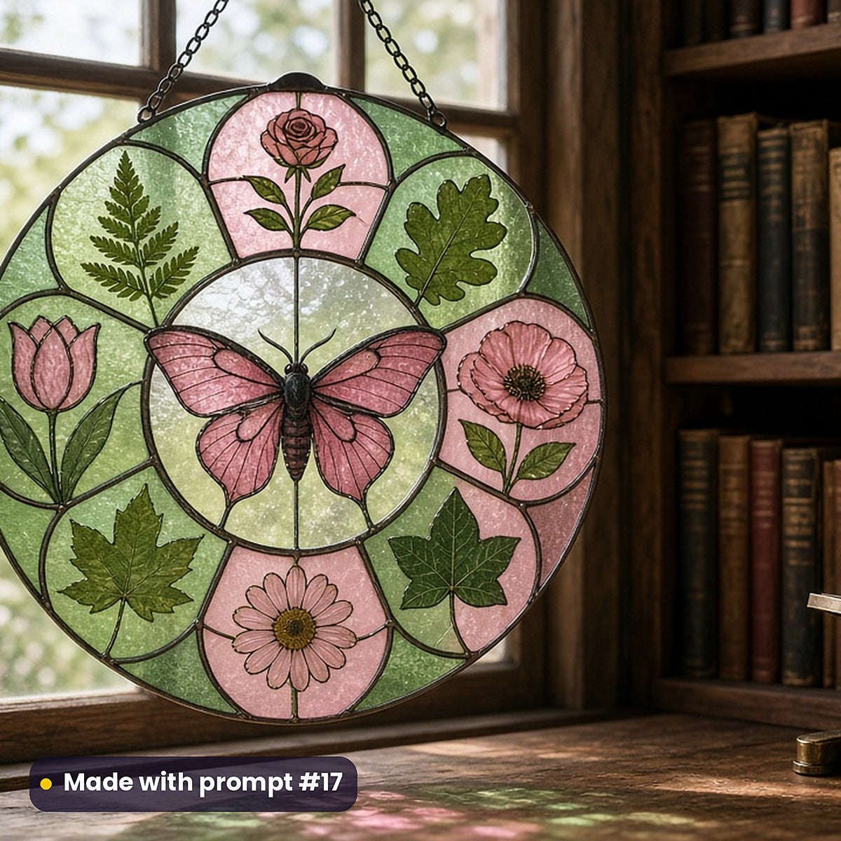 Antique Scientific Cabinets stained glass prompt pack: UV-printed acrylic suncatcher in a window mockup, made with prompt #17