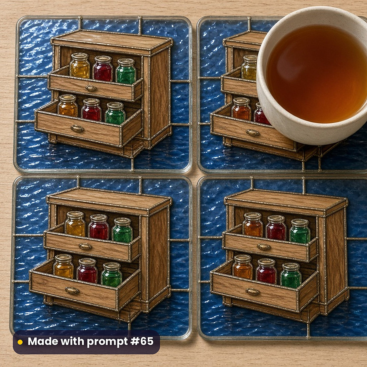 Antique Scientific Cabinets stained glass prompt pack: set of UV-printed glass coasters mockup, made with prompt #65