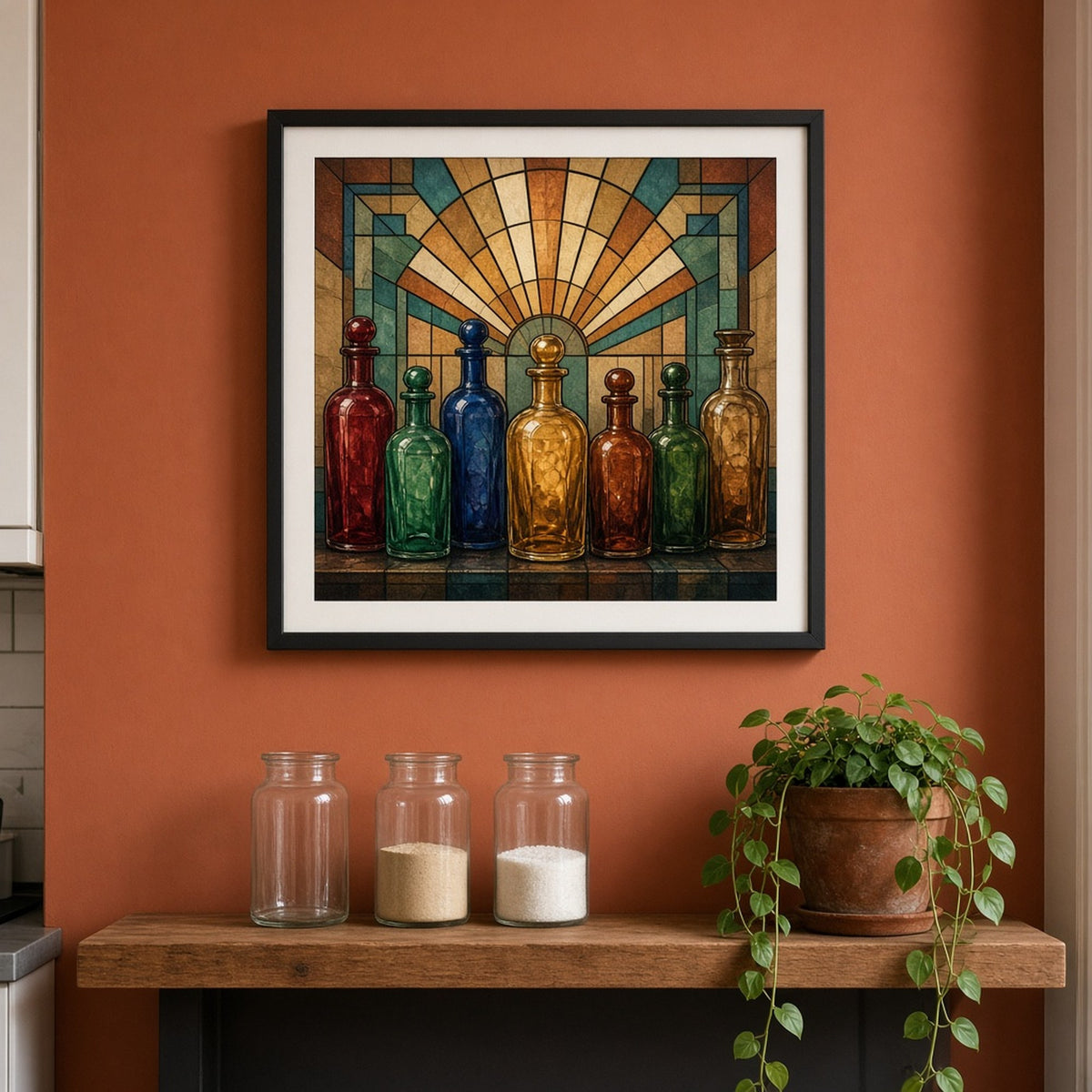 Art Deco stained-glass row of ruby, emerald, cobalt and amber apothecary bottles under a fan-shaped halo shown as a flat framed print in a kitchen, made with prompt #9