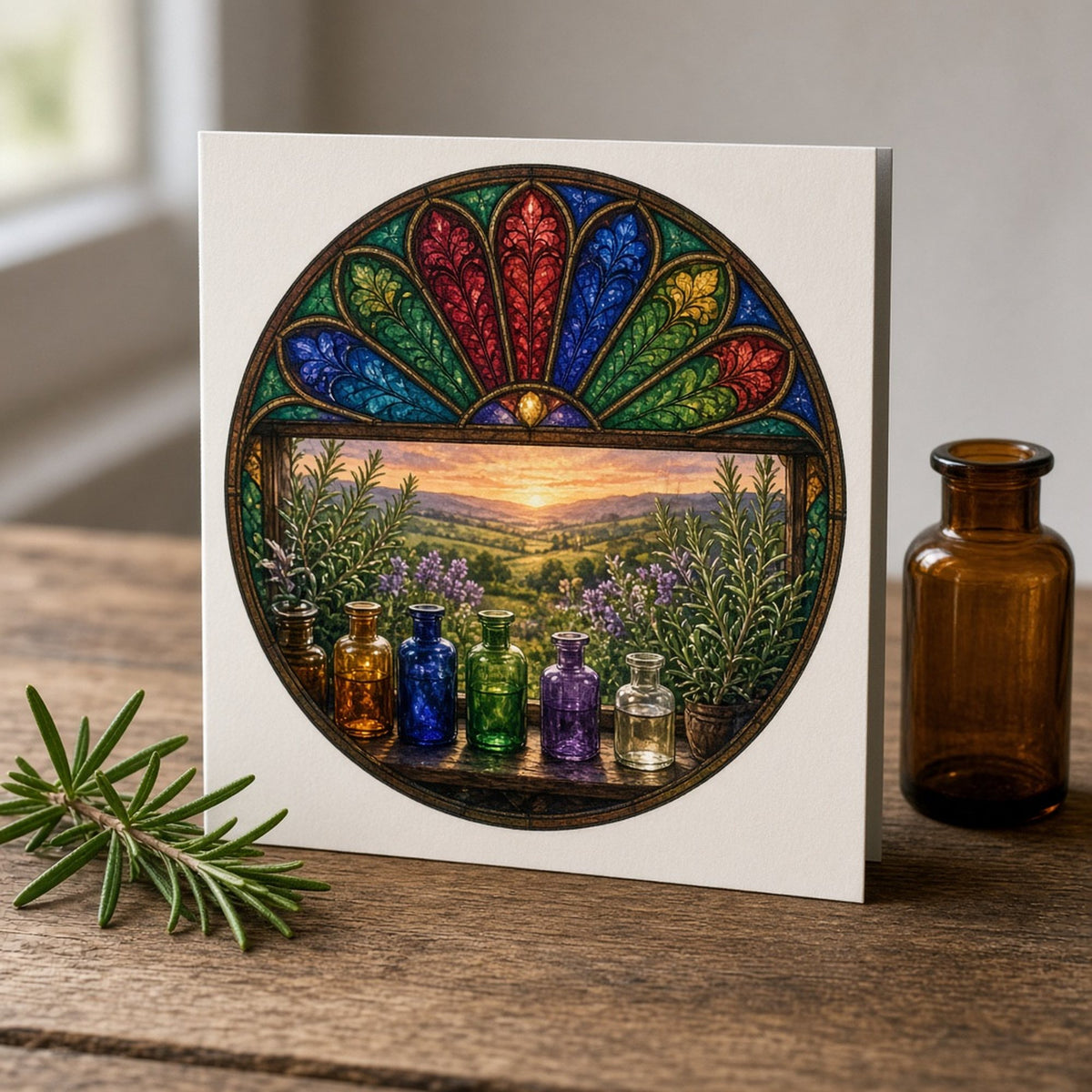 Rose-window stained-glass apothecary bottles on a windowsill above a herb garden and sunset hills printed flat on a greeting card, made with prompt #47