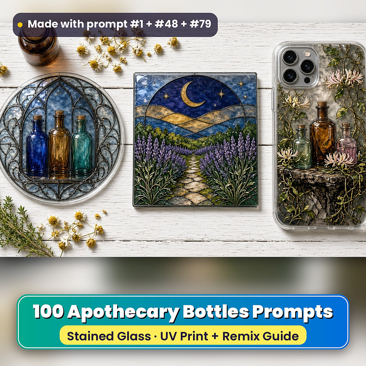Apothecary Bottles stained glass prompt pack: UV-printed suncatcher, coaster and phone case set mockup, made with prompt #1 + #48 + #79