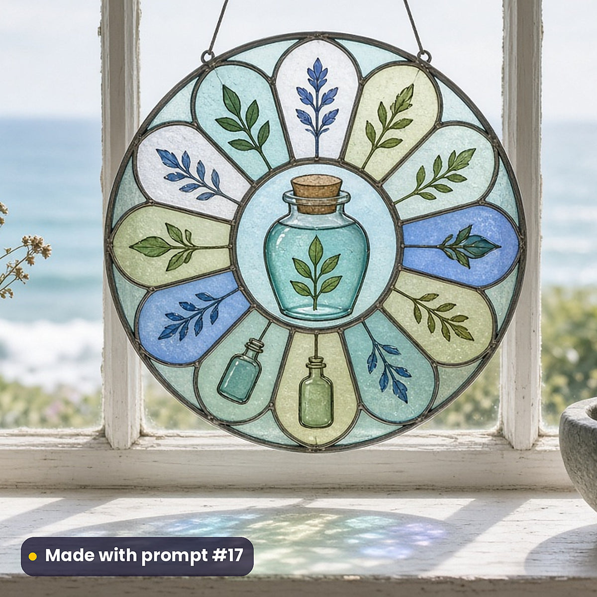Apothecary Bottles stained glass prompt pack: UV-printed acrylic suncatcher in a window mockup, made with prompt #17