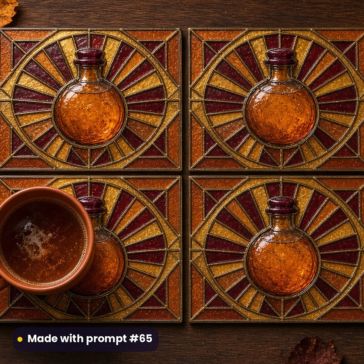 Apothecary Bottles stained glass prompt pack: set of UV-printed glass coasters mockup, made with prompt #65