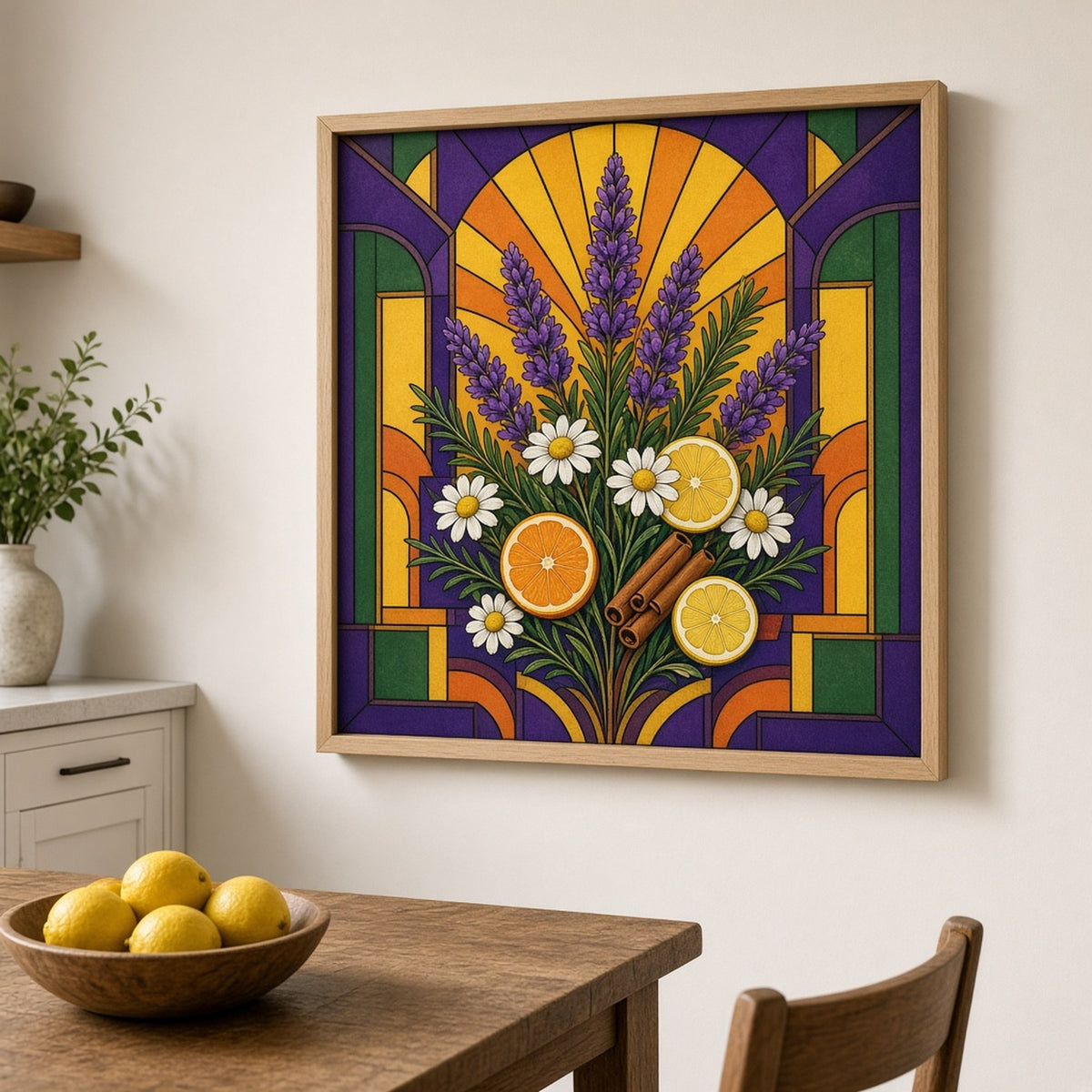 Art Deco stained-glass bouquet of lavender, rosemary, chamomile, cinnamon sticks and citrus slices under a sunburst shown as a flat framed print in a kitchen, made with prompt #9