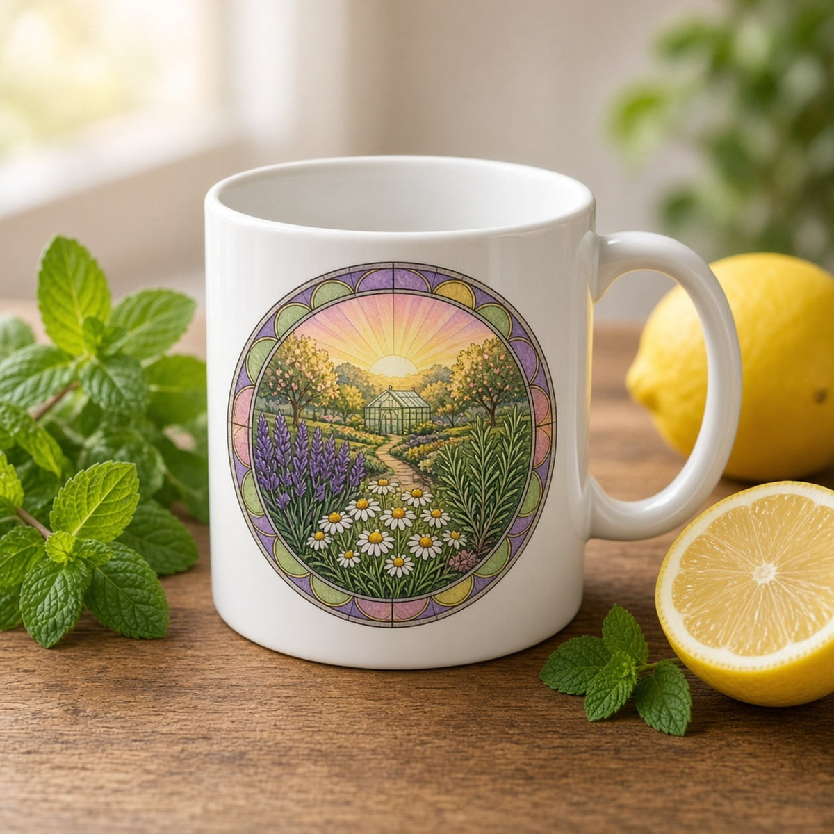 Rose-window stained-glass herb garden with lavender, chamomile, rosemary and a little greenhouse at sunrise printed flat on a mug, made with prompt #47