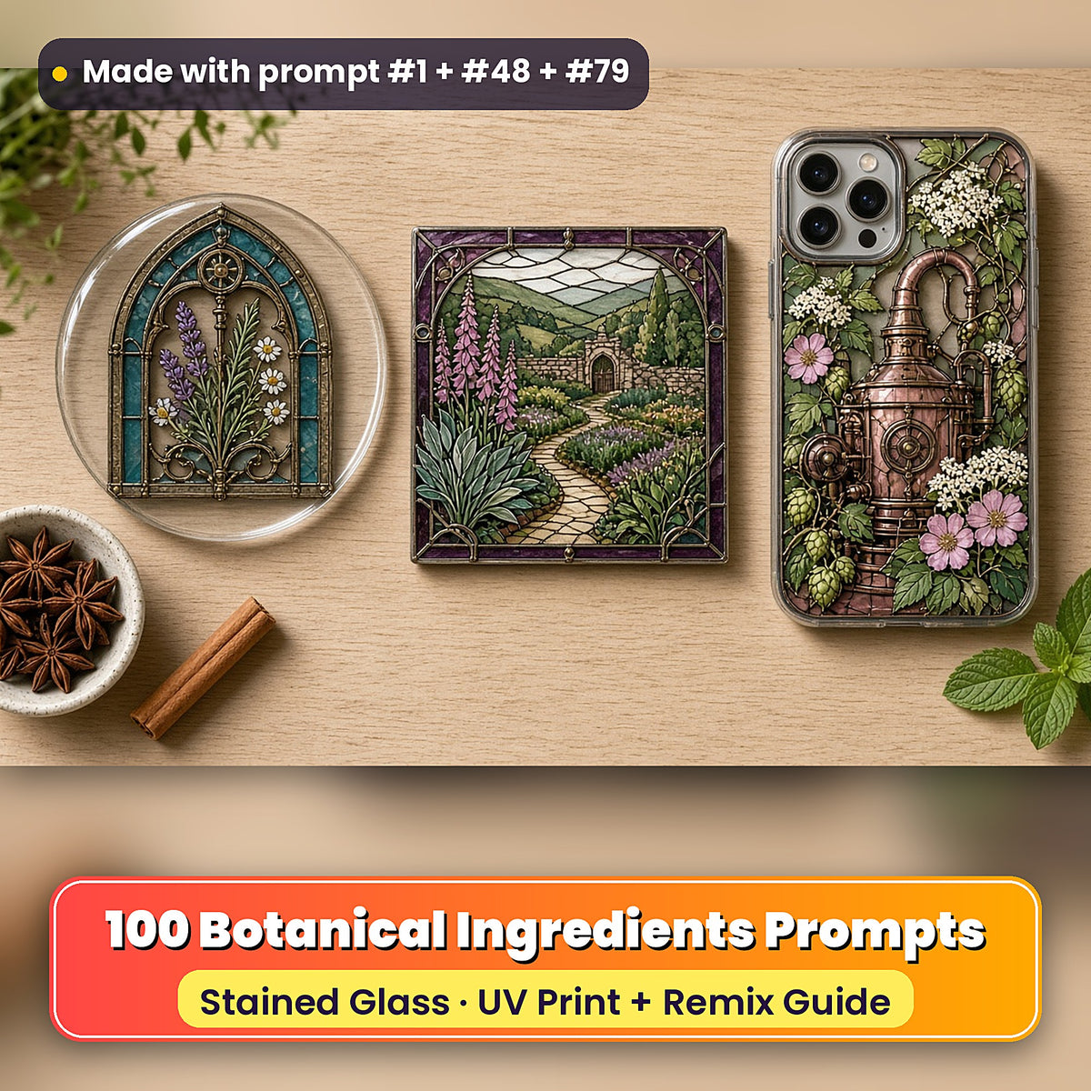 Botanical Ingredients stained glass prompt pack: UV-printed suncatcher, coaster and phone case set mockup, made with prompt #1 + #48 + #79