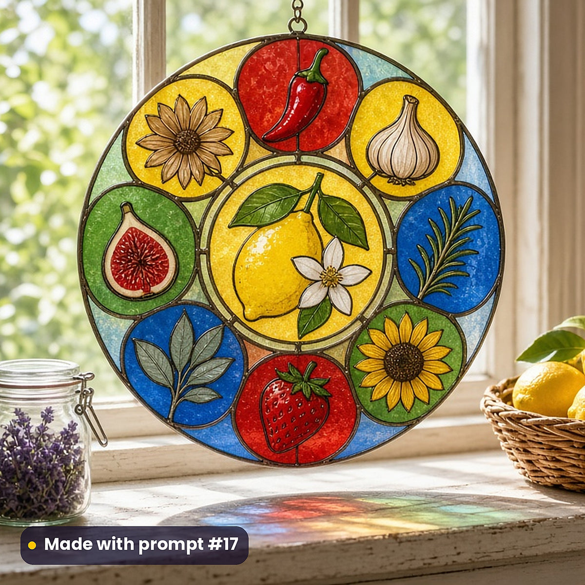 Botanical Ingredients stained glass prompt pack: UV-printed acrylic suncatcher in a window mockup, made with prompt #17