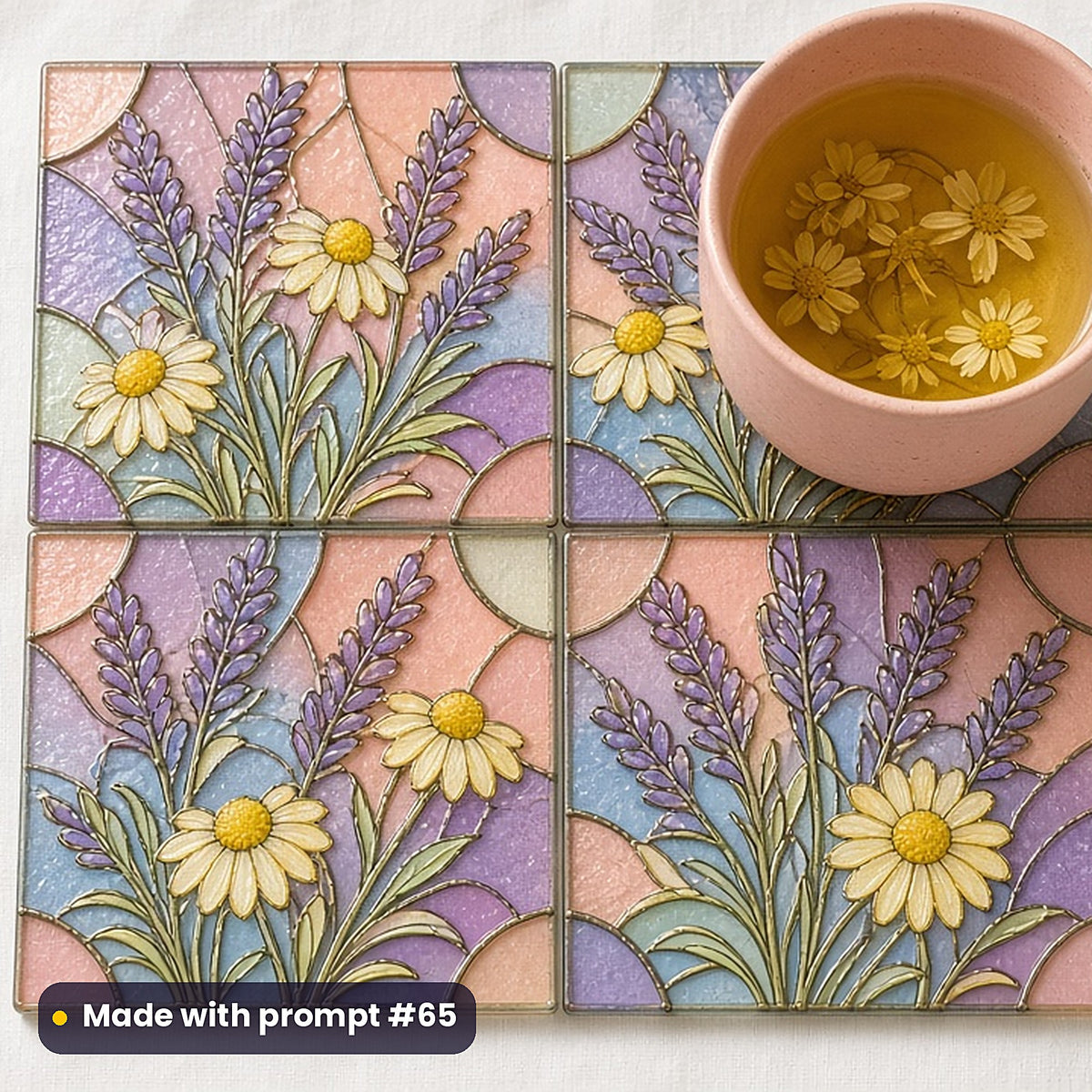 Botanical Ingredients stained glass prompt pack: set of UV-printed glass coasters mockup, made with prompt #65