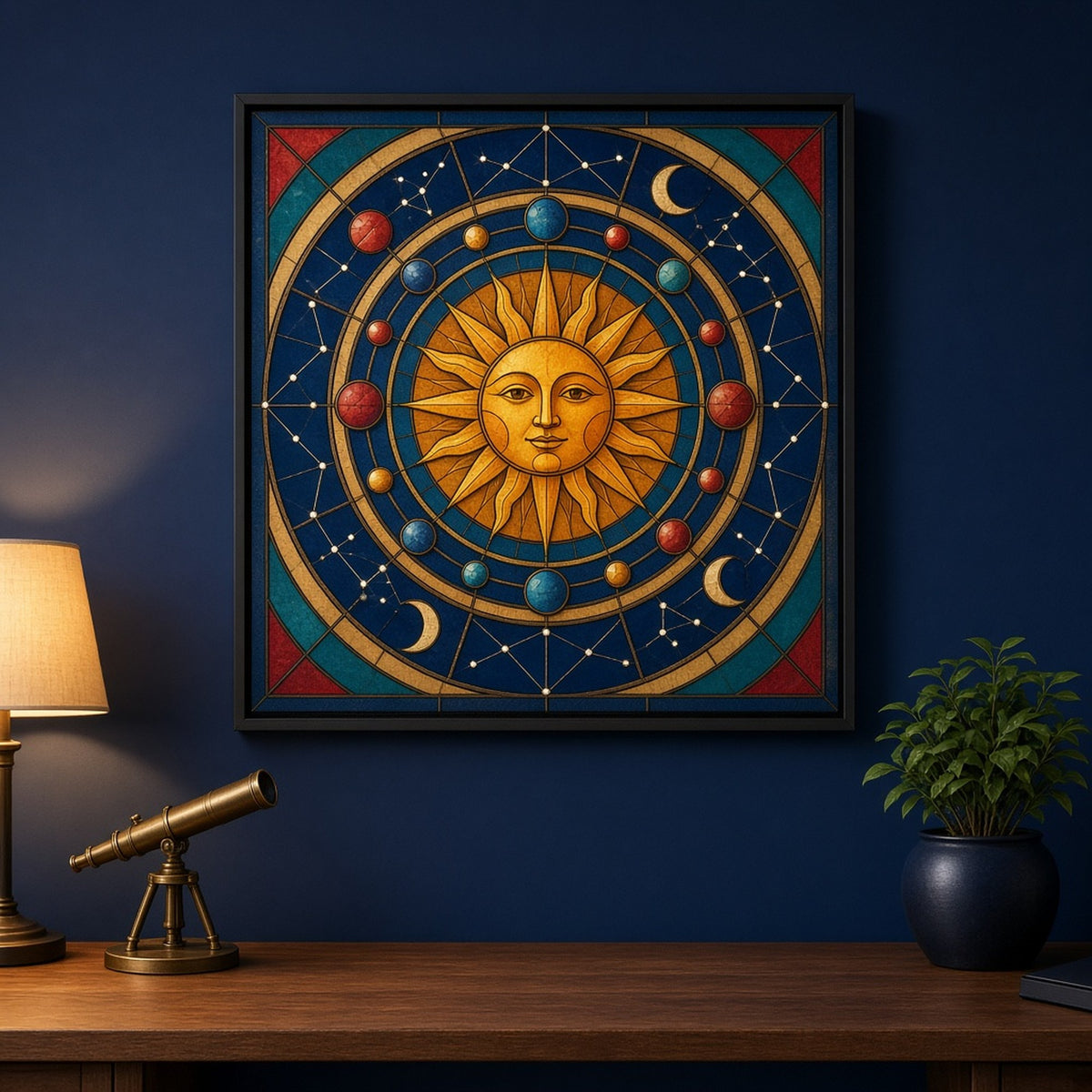 Art Deco stained-glass astronomical chart with a golden sun, orbiting planets, crescent moons and constellations shown as a flat framed print in a study, made with prompt #9