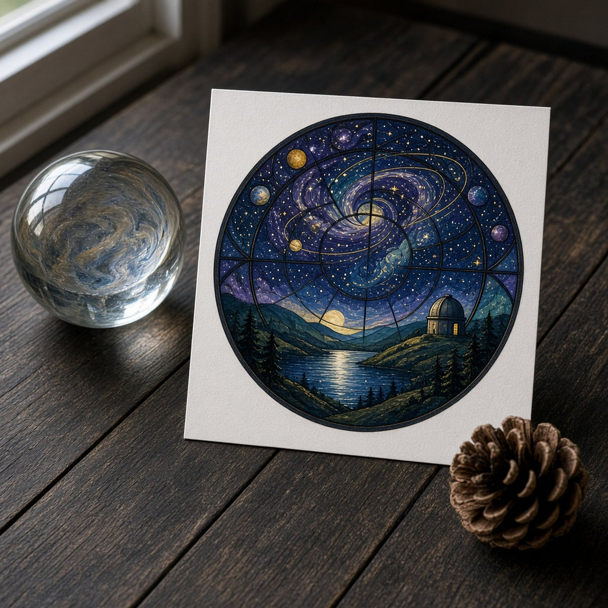 Rose-window stained-glass night sky of planets, a spiral galaxy and an observatory dome above a moonlit lake printed flat on a greeting card, made with prompt #47